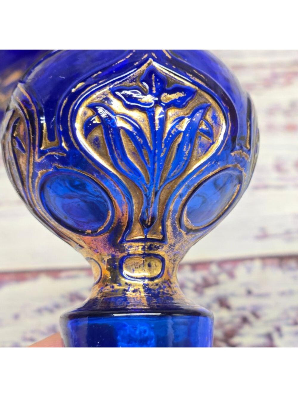Vintage Cobalt Blue bohemian glass perfume bottle Hand-Painted Gold Floral - Picture 12 of 16